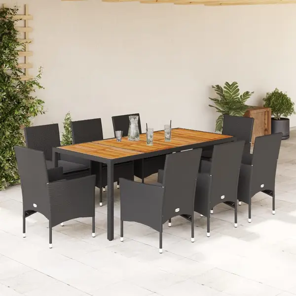 Gossi set mobilier gradina perne 9 piese negru poliratan/lemn acacia
