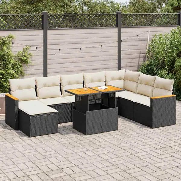Gossi set mobilier gradina perne 9 piese negru poliratan/lemn acacia