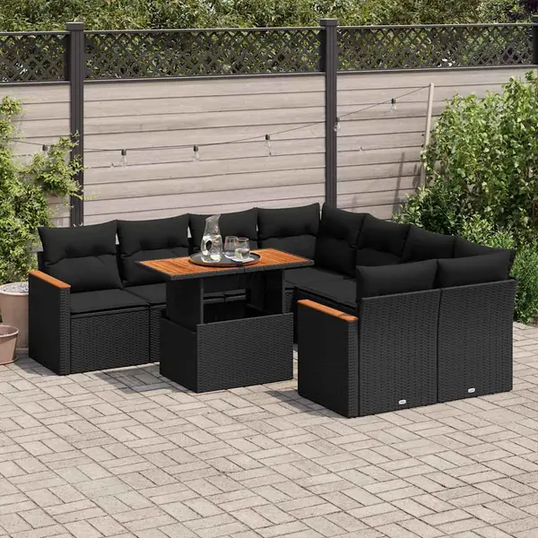 Gossi set mobilier gradina perne 9 piese negru poliratan/lemn acacia