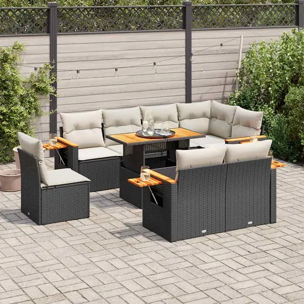 Gossi set mobilier gradina perne 9 piese negru poliratan/lemn acacia