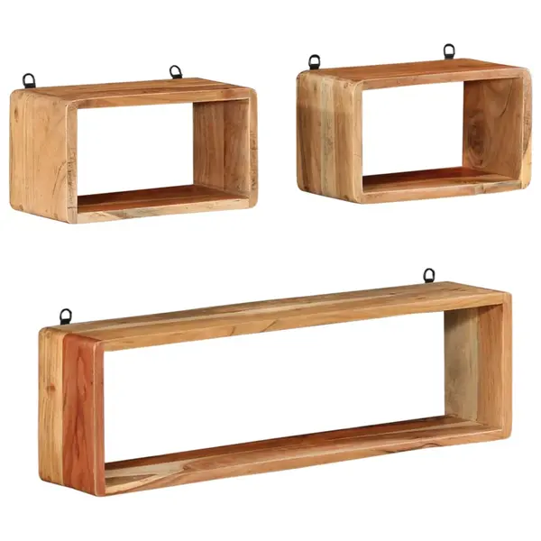 Gossi set rafturi de perete cub, 3 piese, lemn masiv acacia
