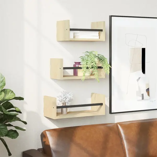 Gossi set rafturi perete cu bare, 3 buc, stejar sonoma lemn prelucrat