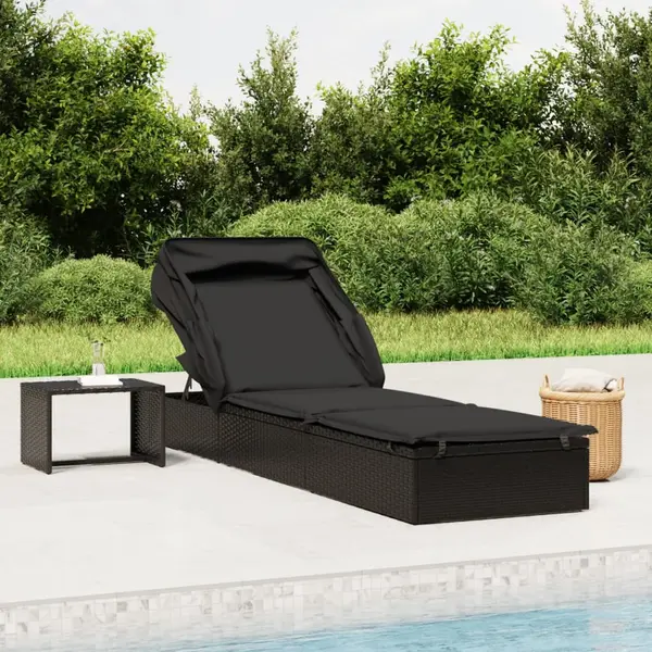 Gossi sezlong cu acoperis pliabil, negru, 213x63x97 cm, poliratan