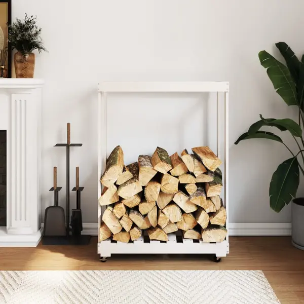 Gossi suport de busteni cu roti, alb, 76,5x40x108 cm, lemn masiv pin
