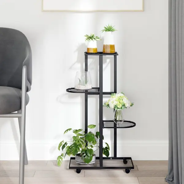 Gossi suport de flori cu 4 etaje, cu roti, negru, 44x23x80 cm, fier