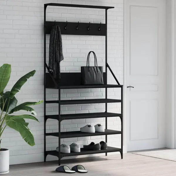Gossi suport de haine cu raft de pantofi, negru, 90x34x184 cm