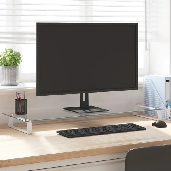 Gossi suport de monitor, alb, 100x35x8 cm, sticla securizata si metal