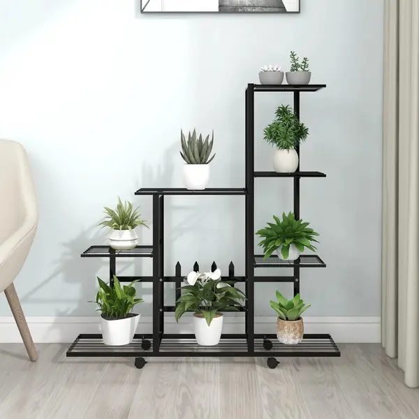Gossi suport pentru flori cu roti, 94,5x25x92,5 cm, negru, metal
