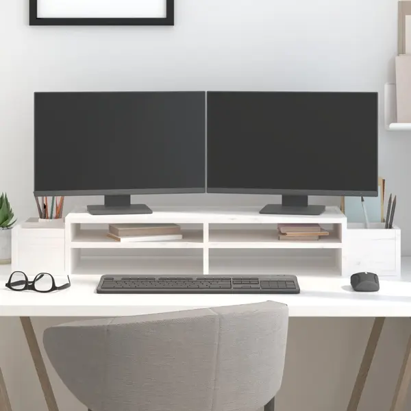 Gossi suport pentru monitor, alb, 100x27,5x15 cm, lemn masiv pin