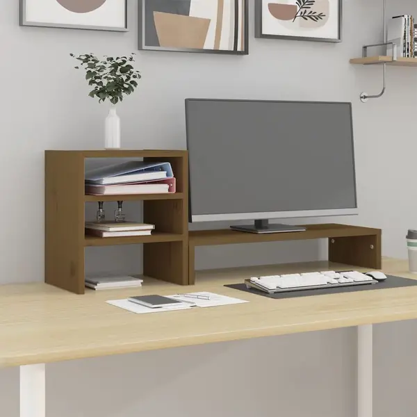 Gossi suport pentru monitor, maro miere, 81x20x30 cm, lemn masiv pin