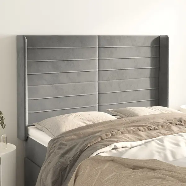 Gossi tablie de pat cu aripioare gri deschis 147x16x118/128cm catifea