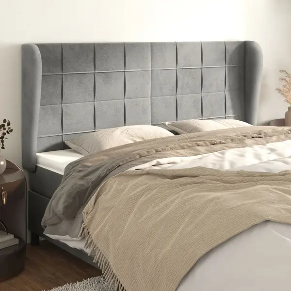 Gossi tablie de pat cu aripioare gri deschis 163x23x118/128cm catifea