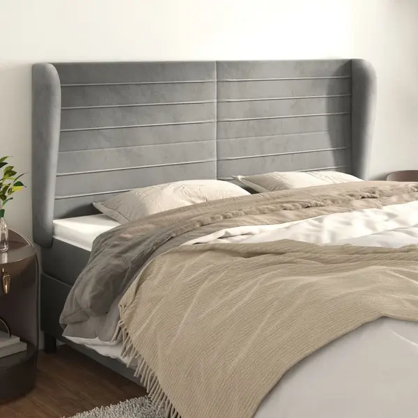 Gossi tablie de pat cu aripioare gri deschis 163x23x118/128cm catifea