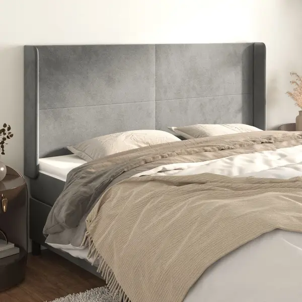 Gossi tablie de pat cu aripioare gri deschis 203x16x118/128cm catifea
