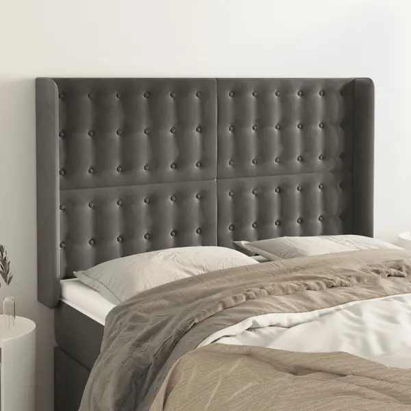 Gossi tablie de pat cu aripioare gri inchis 147x16x118/128 cm catifea