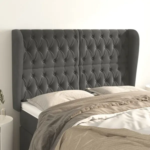 Gossi tablie de pat cu aripioare gri inchis 147x23x118/128 cm catifea