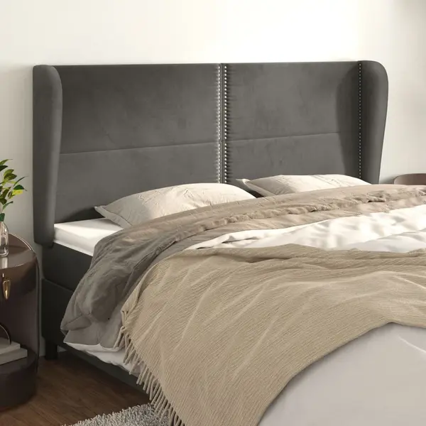 Gossi tablie de pat cu aripioare gri inchis 183x23x118/128 cm catifea
