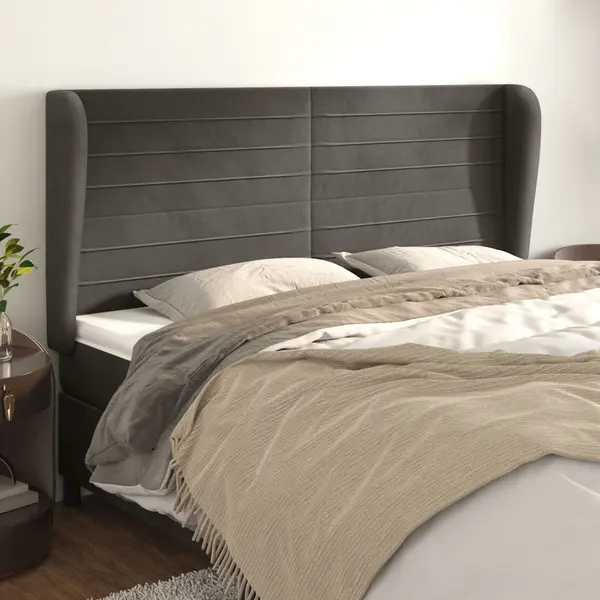 Gossi tablie de pat cu aripioare gri inchis 183x23x118/128 cm catifea