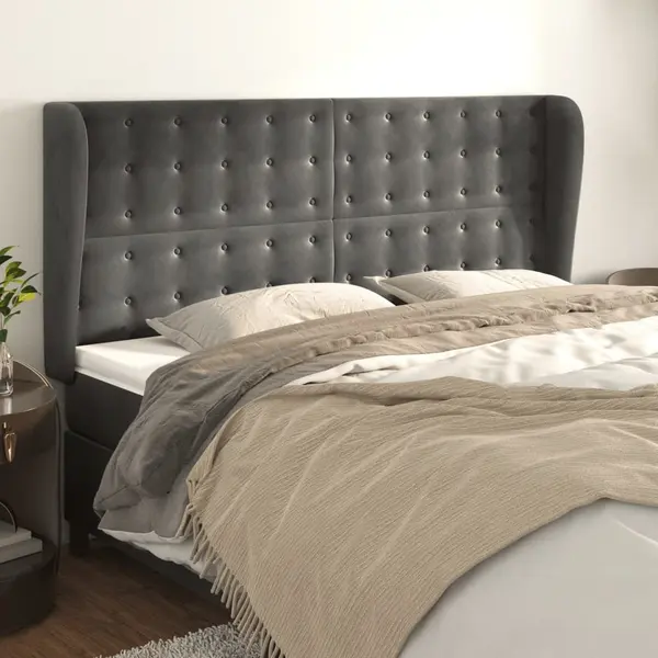 Gossi tablie de pat cu aripioare gri inchis 203x23x118/128 cm catifea