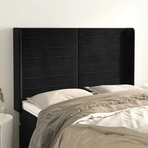Gossi tablie de pat cu aripioare, negru, 147x16x118/128 cm, catifea