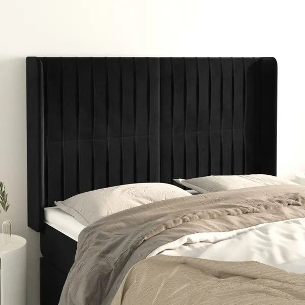 Gossi tablie de pat cu aripioare, negru, 147x16x118/128 cm, catifea