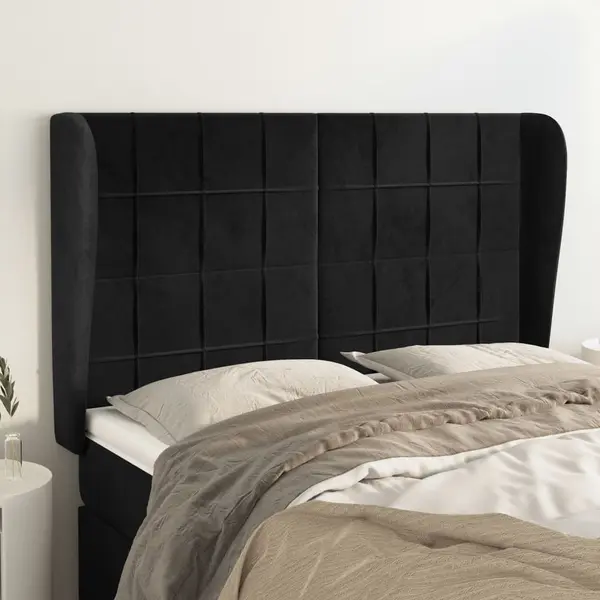 Gossi tablie de pat cu aripioare, negru, 147x23x118/128 cm, catifea