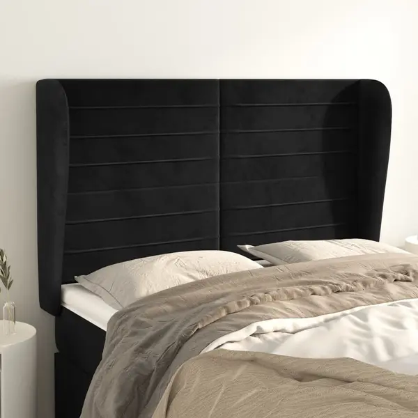 Gossi tablie de pat cu aripioare, negru, 147x23x118/128 cm, catifea