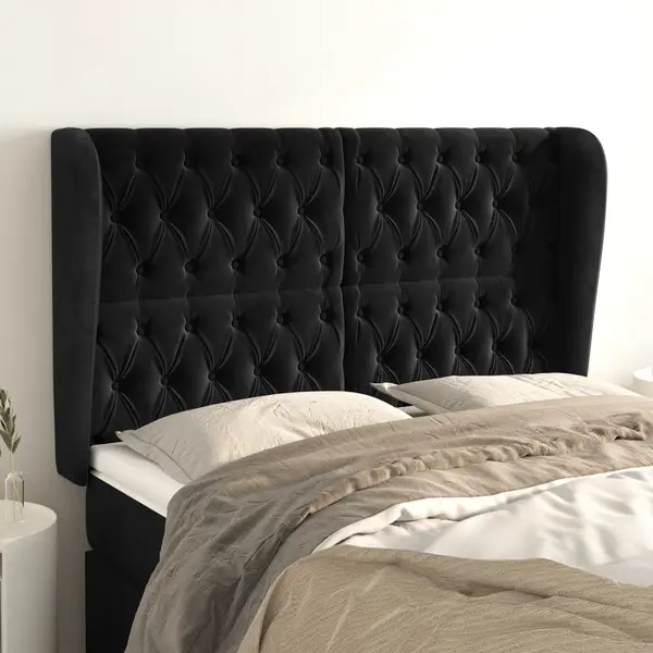 Gossi tablie de pat cu aripioare, negru, 147x23x118/128 cm, catifea