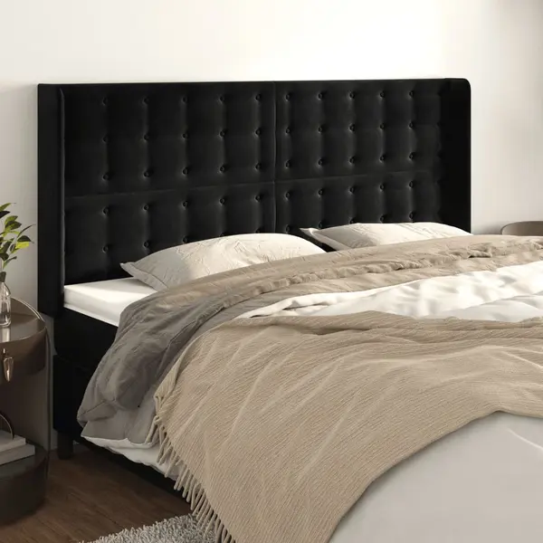 Gossi tablie de pat cu aripioare, negru, 163x16x118/128 cm, catifea