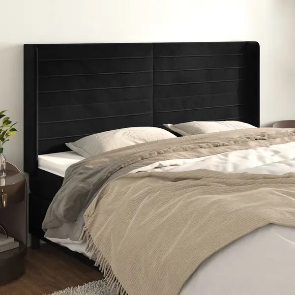 Gossi tablie de pat cu aripioare, negru, 183x16x118/128 cm, catifea
