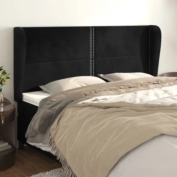 Gossi tablie de pat cu aripioare, negru, 183x23x118/128 cm, catifea