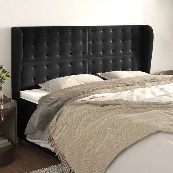 Gossi tablie de pat cu aripioare, negru, 183x23x118/128 cm, catifea