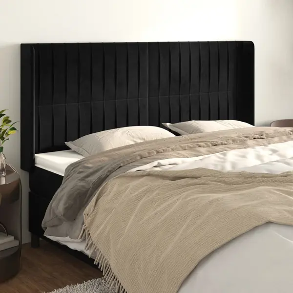 Gossi tablie de pat cu aripioare, negru, 203x16x118/128 cm, catifea