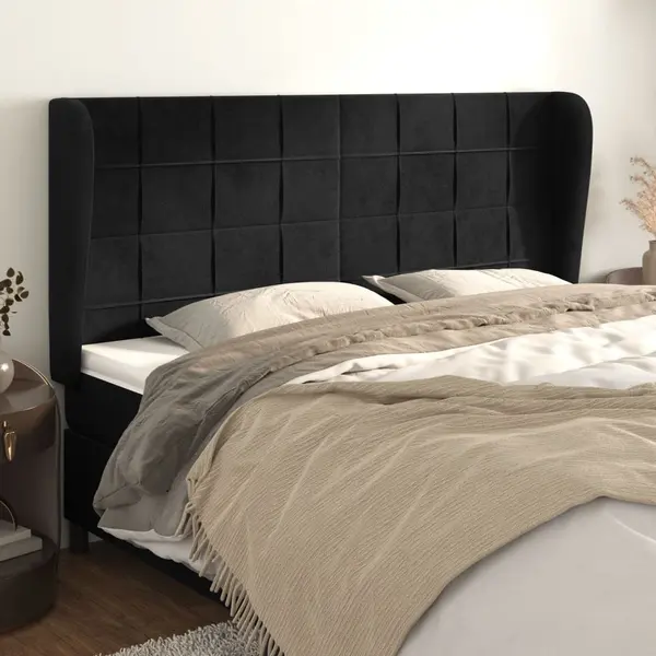Gossi tablie de pat cu aripioare, negru, 203x23x118/128 cm, catifea
