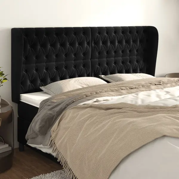 Gossi tablie de pat cu aripioare, negru, 203x23x118/128 cm, catifea