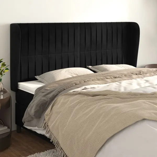 Gossi tablie de pat cu aripioare, negru, 203x23x118/128 cm, catifea