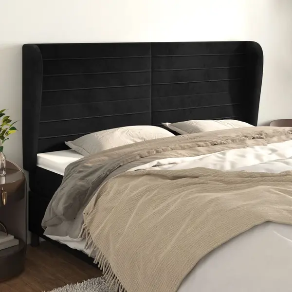 Gossi tablie de pat cu aripioare, negru, 203x23x118/128 cm, catifea
