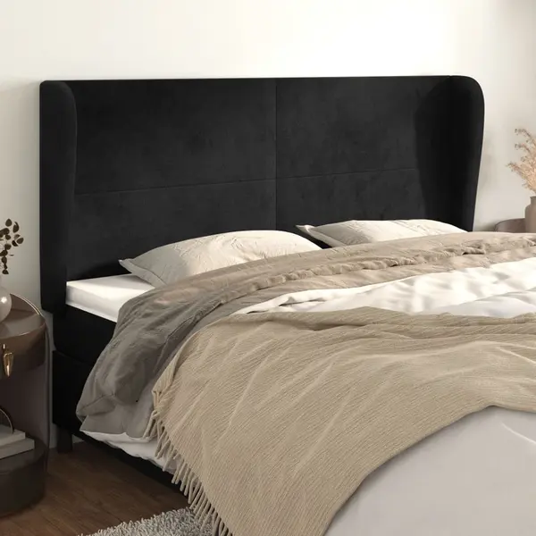 Gossi tablie de pat cu aripioare, negru, 203x23x118/128 cm, catifea