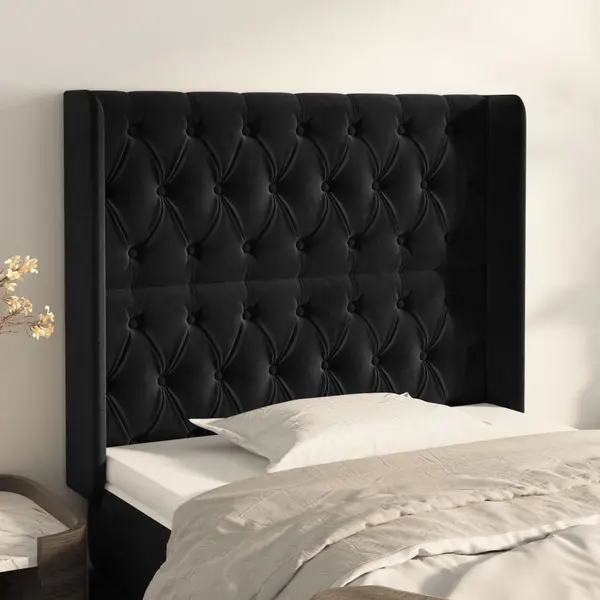 Gossi tablie de pat cu aripioare, negru, 93x16x118/128 cm, catifea