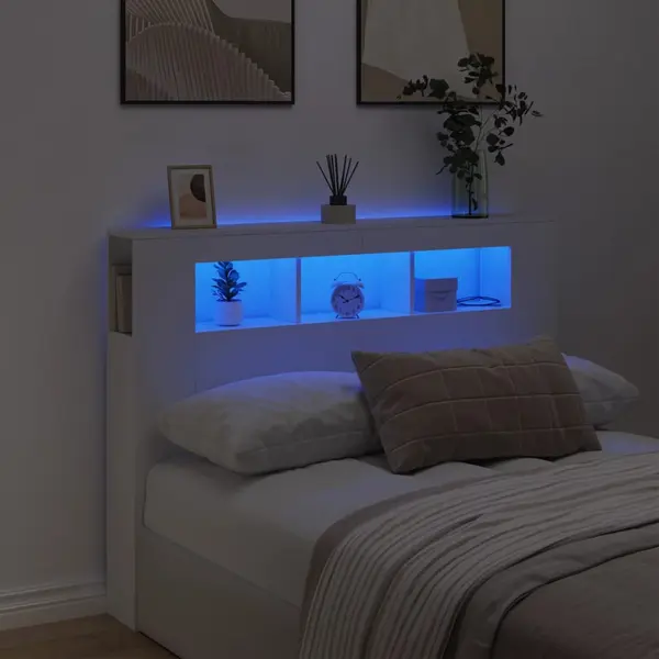 Gossi tablie de pat cu led, alb, 140x18,5x103,5 cm, lemn