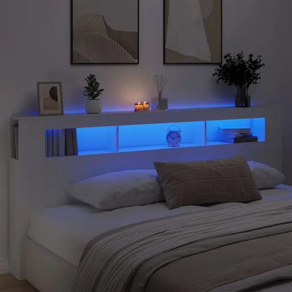 Gossi tablie de pat cu led, alb, 220x18,5x103,5 cm, lemn
