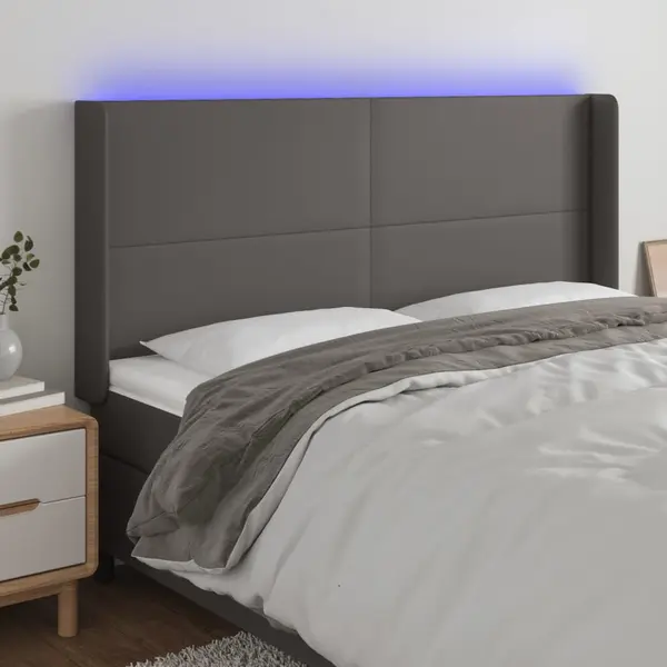 Gossi tablie de pat cu led, gri, 203x16x118/128 cm, piele ecologica