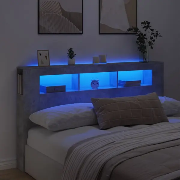 Gossi tablie de pat cu led, gri beton, 180x18,5x103,5 cm, lemn