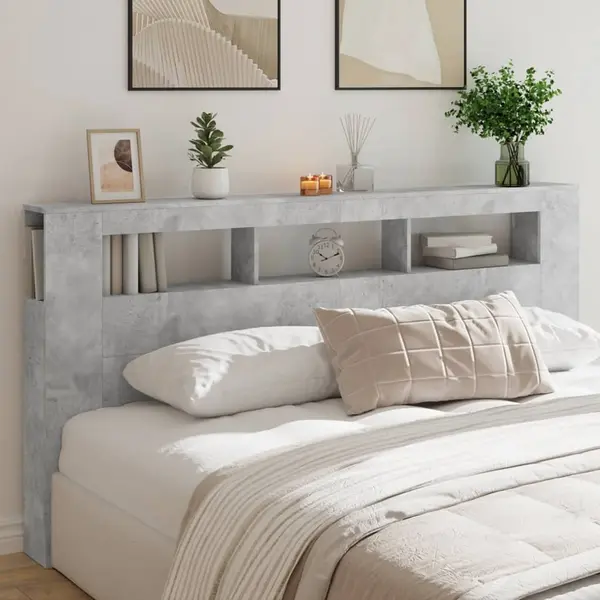 Gossi tablie de pat cu led, gri beton, 200x18,5x103,5 cm, lemn