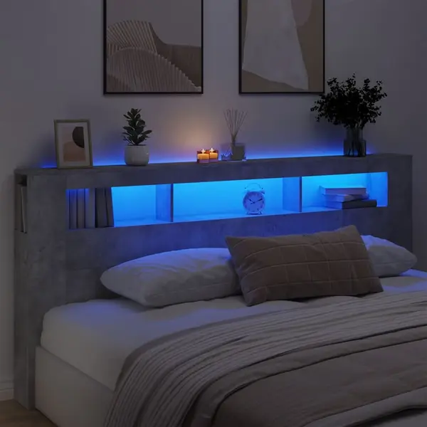 Gossi tablie de pat cu led, gri beton, 220x18,5x103,5 cm, lemn