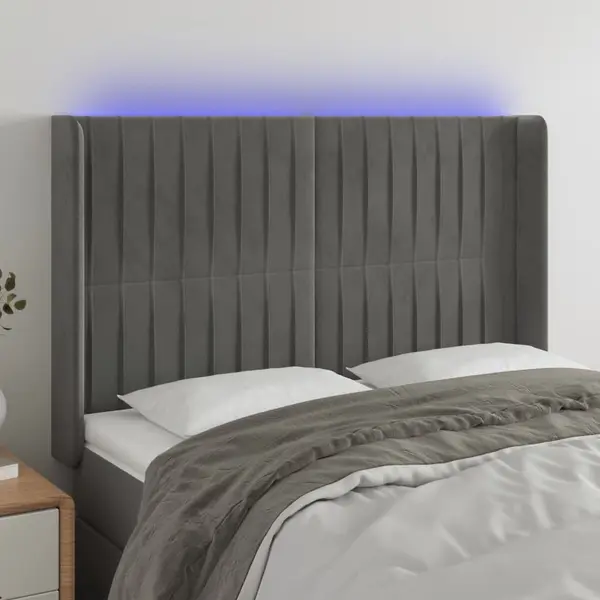 Gossi tablie de pat cu led, gri deschis, 147x16x118/128 cm, catifea