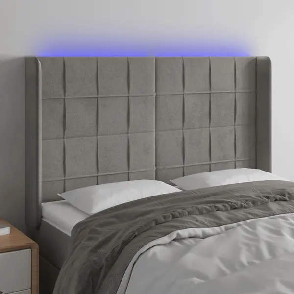 Gossi tablie de pat cu led, gri deschis, 147x16x118/128 cm, catifea