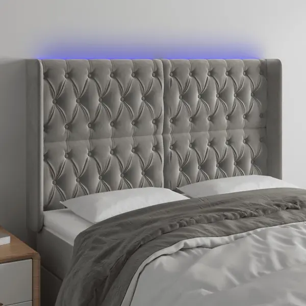 Gossi tablie de pat cu led, gri deschis, 147x16x118/128 cm, catifea