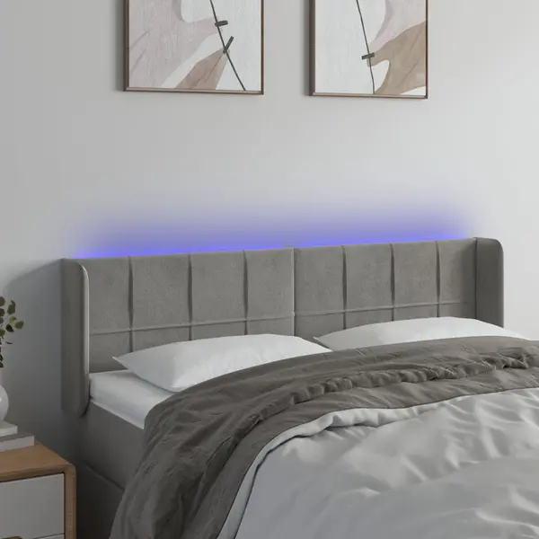 Gossi tablie de pat cu led, gri deschis, 147x16x78/88 cm, catifea