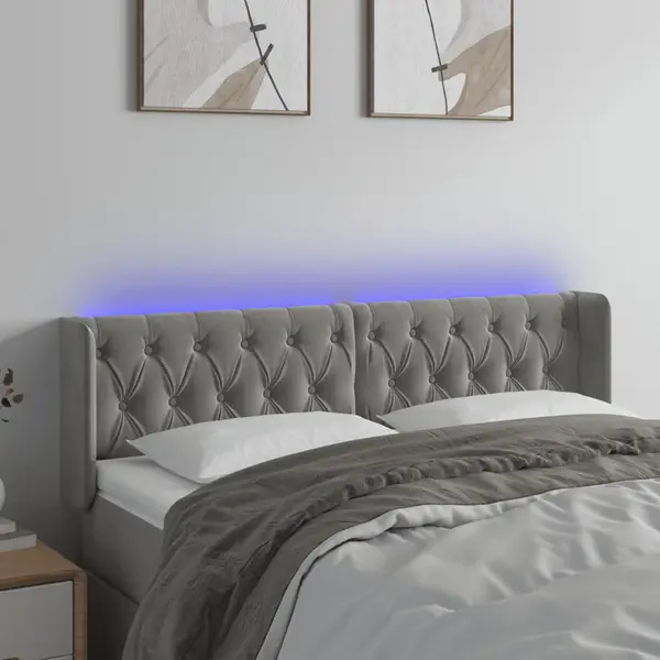 Gossi tablie de pat cu led, gri deschis, 147x16x78/88 cm, catifea